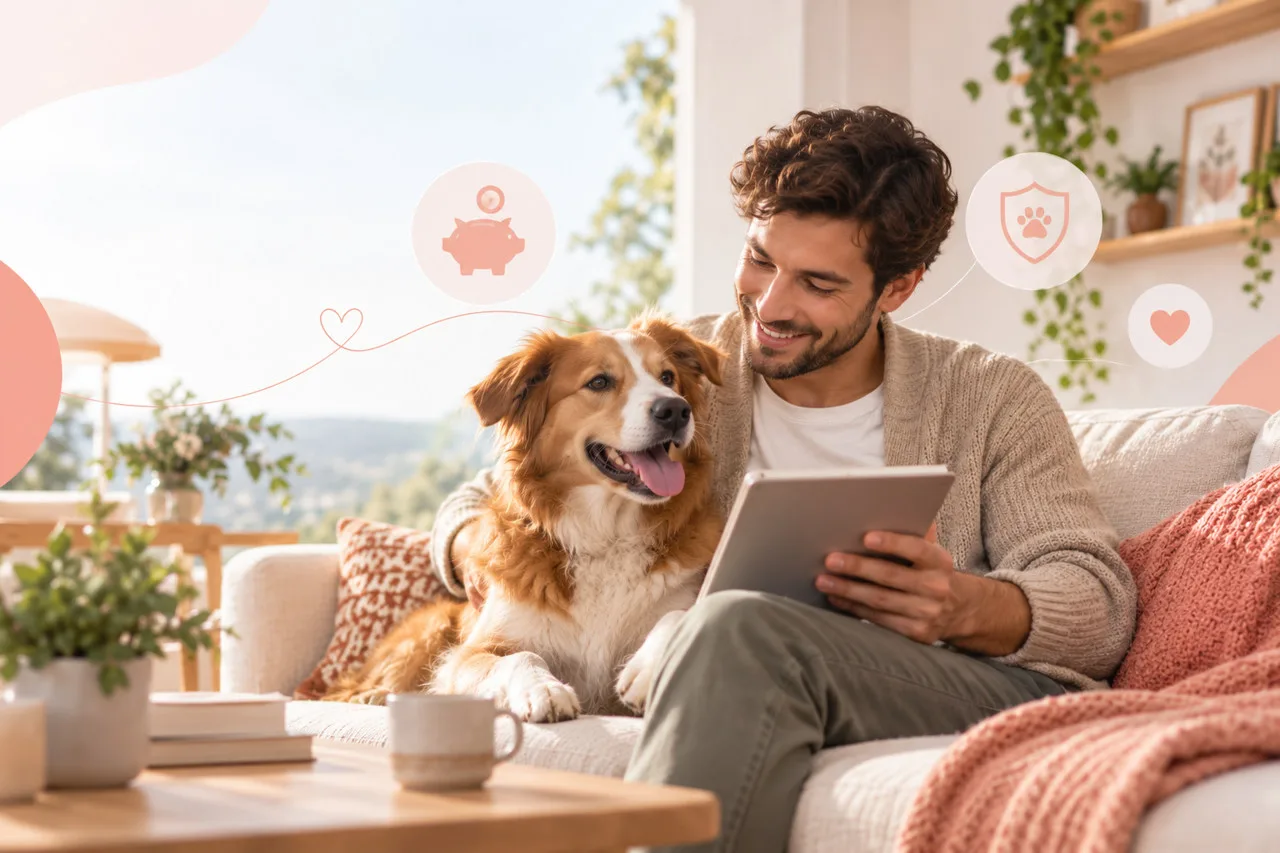 Man using a tablet beside a golden-colored dog on a sofa